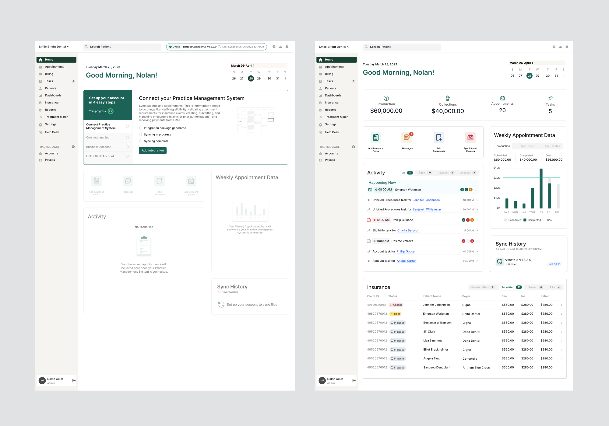 Dental software dashboard concepts