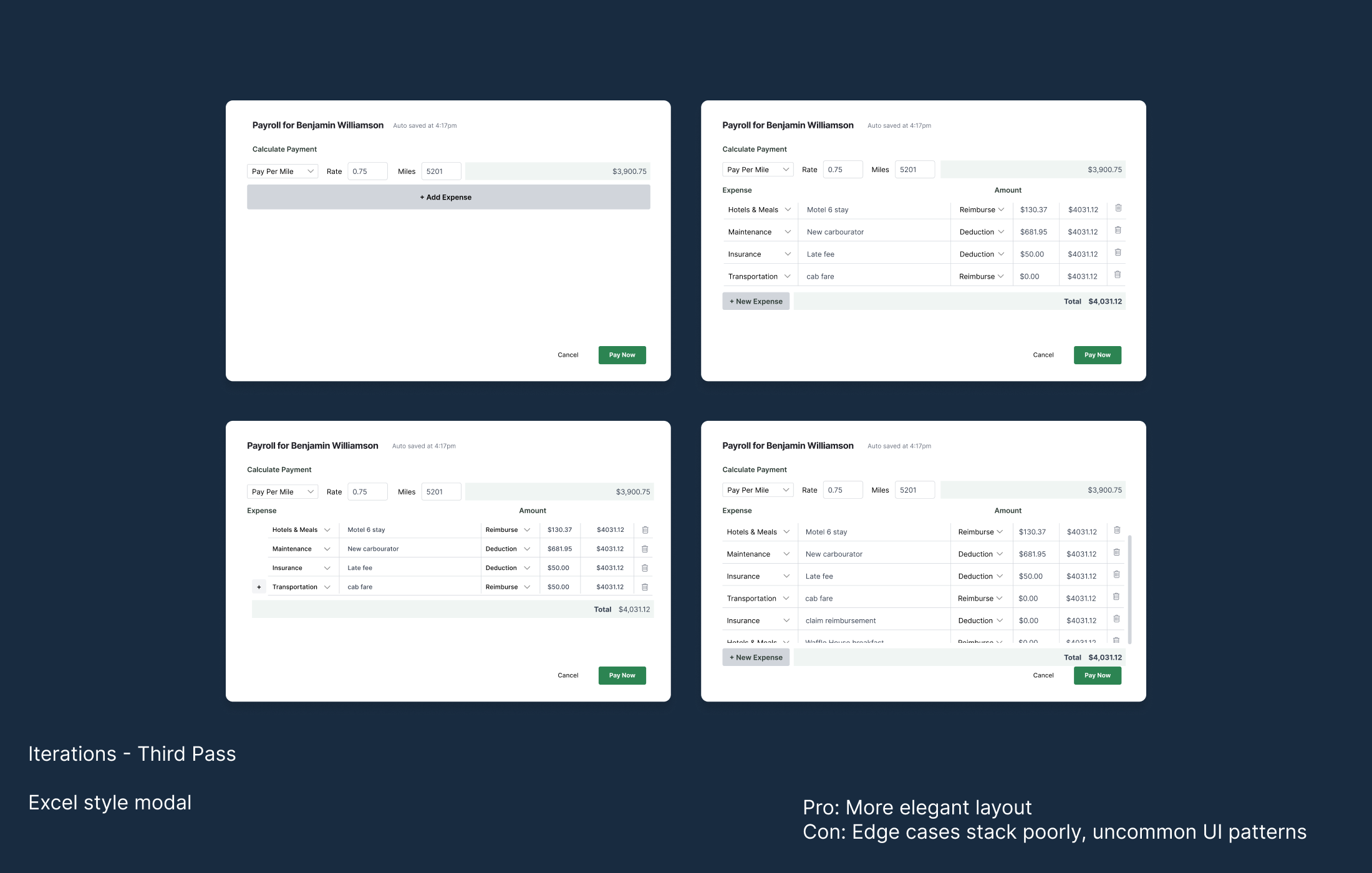 Expenses and reimbursements design iterations