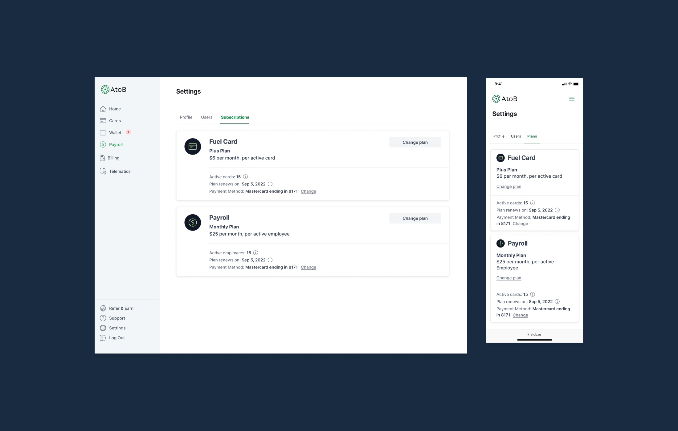 Subscription management interface