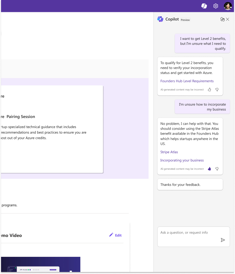 Copilot integration to help founders discover benefits