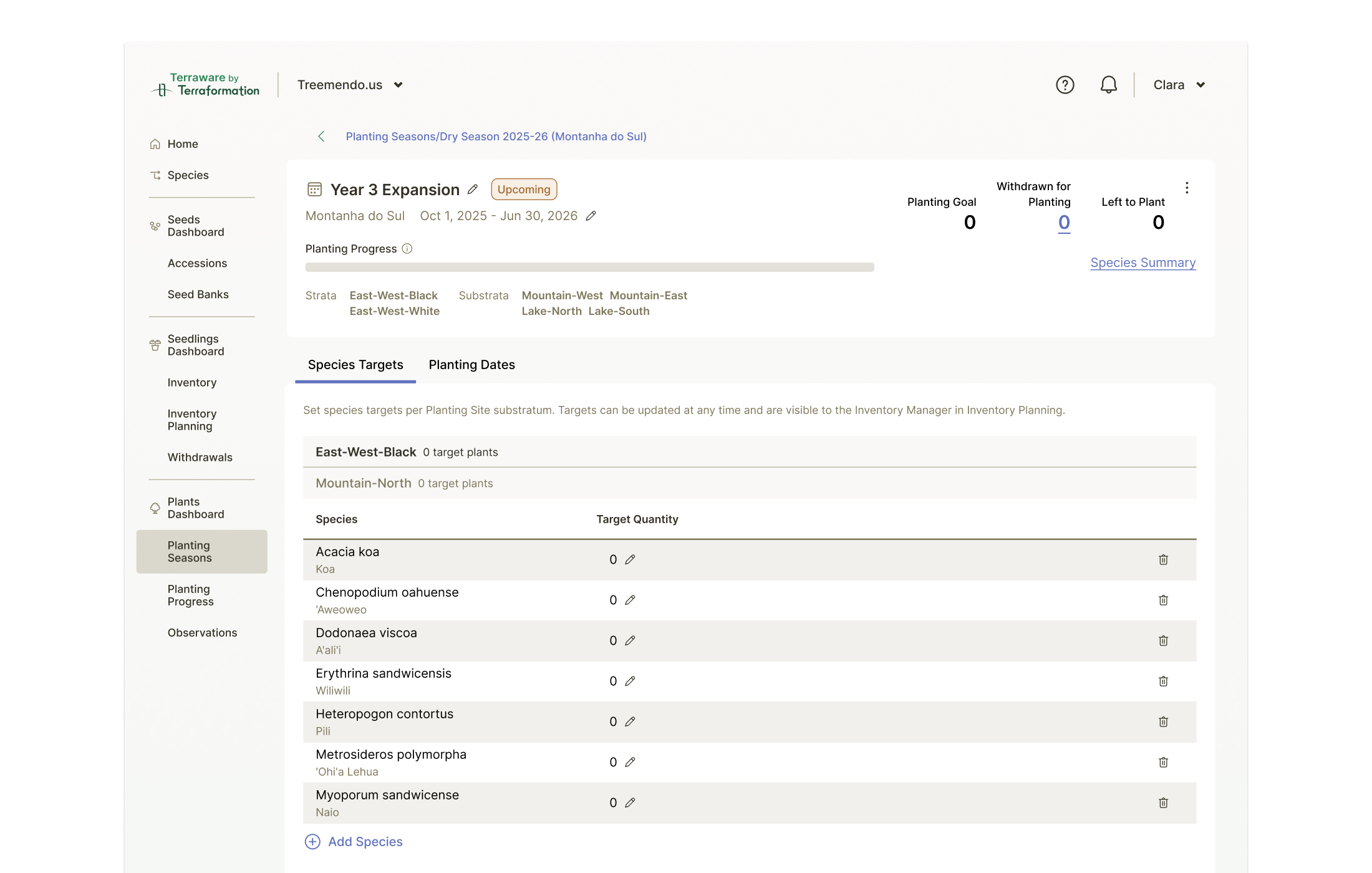 A season detail view with species targets set per Planting Site substratum