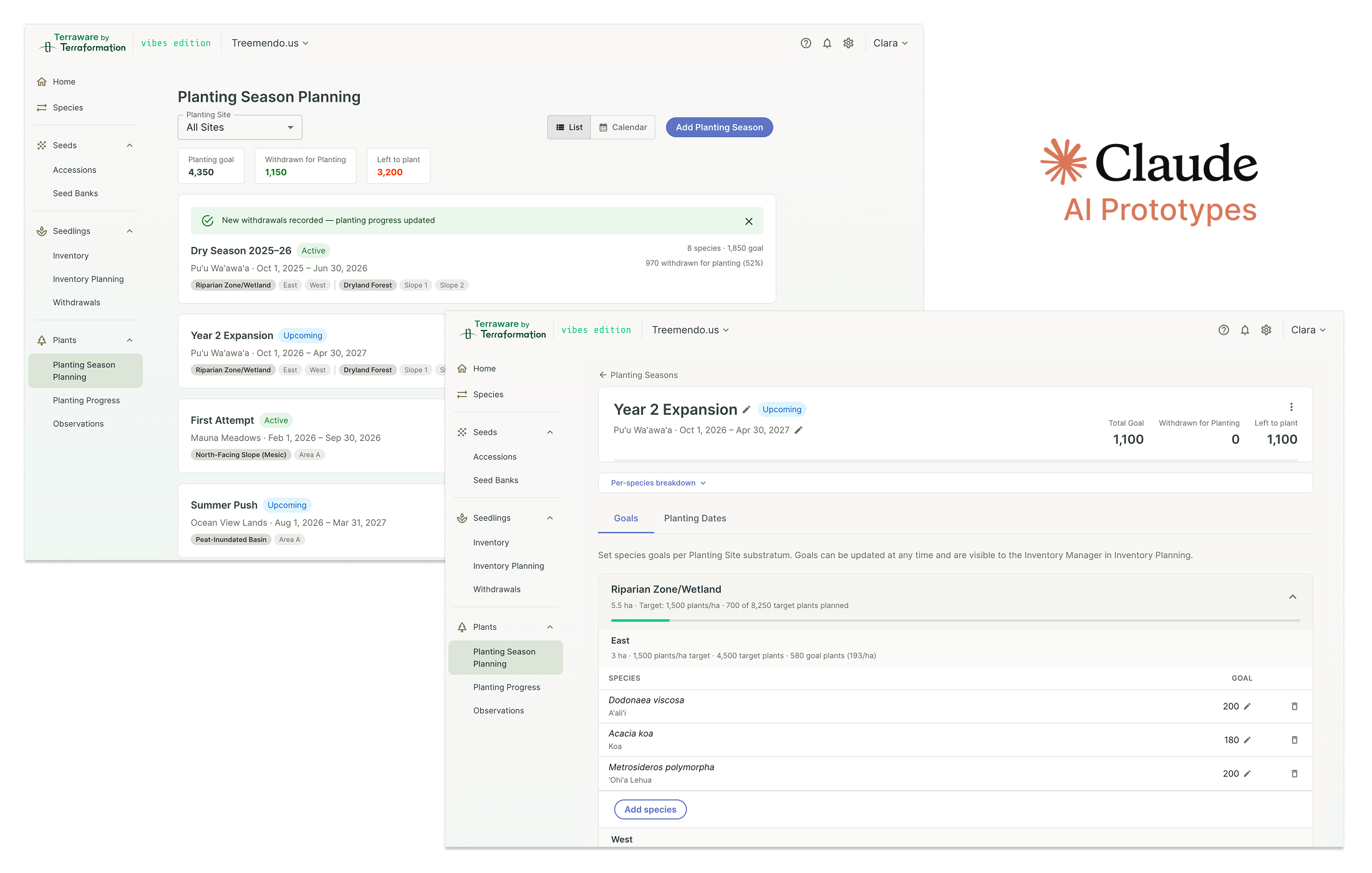 Interactive Claude-built prototypes of Planting Season Planning and per-species targets