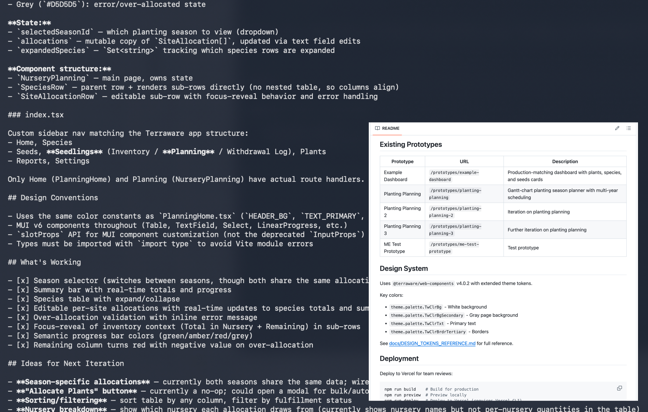 A component spec and prototype README used to generate working screens with Claude