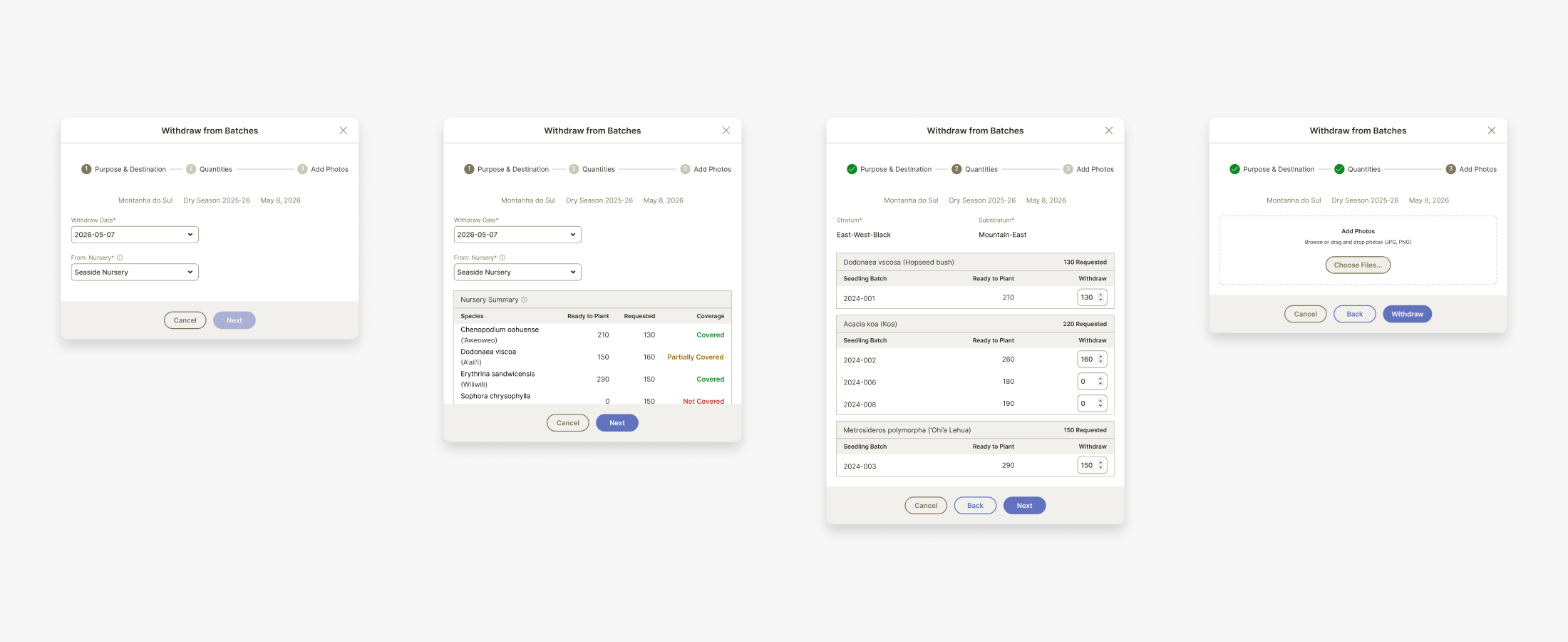 The multi-step Withdraw from Batches flow with a live coverage summary by species
