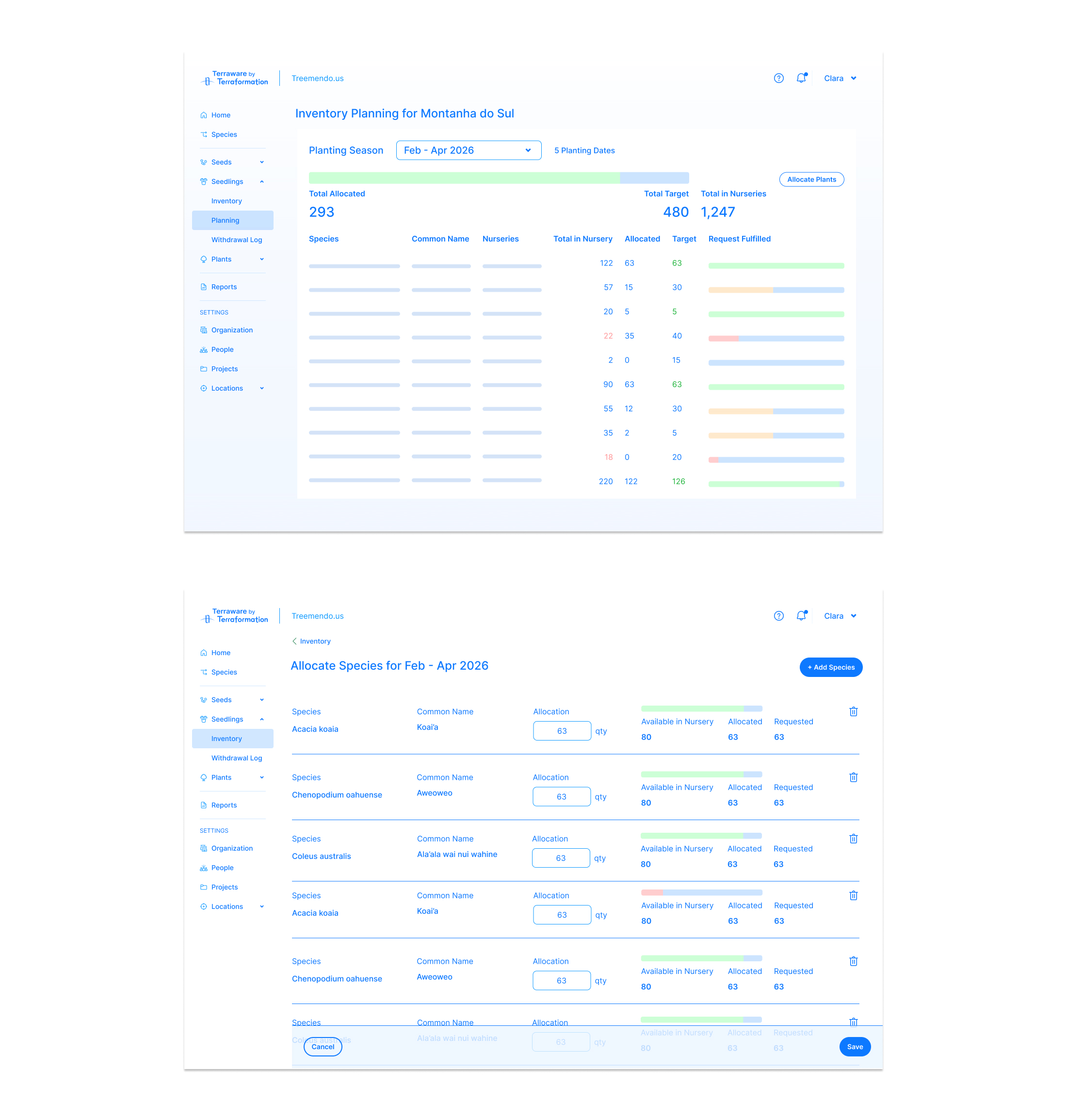 Low-fidelity wireframes of the Inventory Planning and species allocation screens