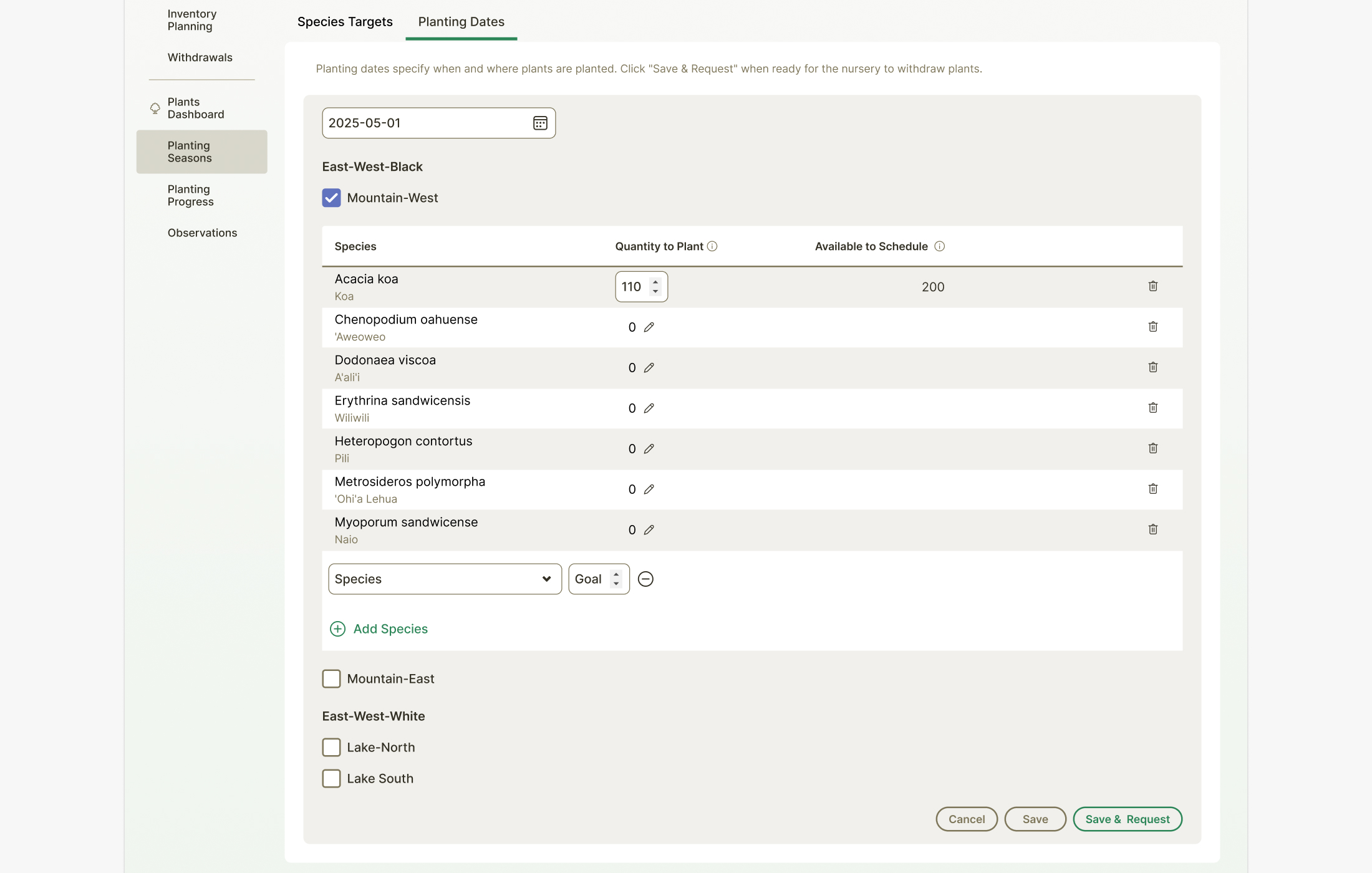 Planting date setup form with quantity to plant per species and a Save & Request action