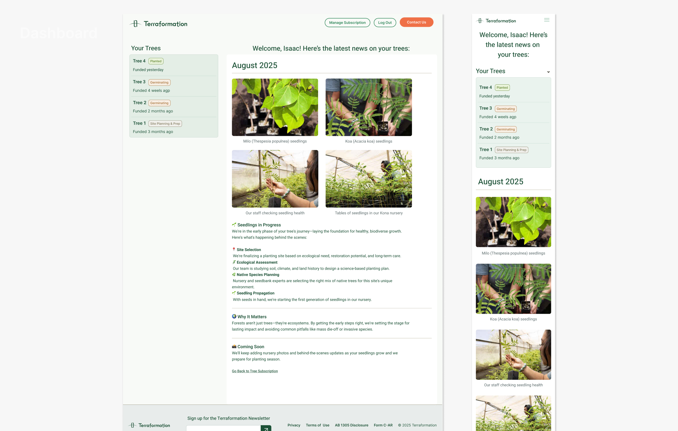 Tree subscription dashboard