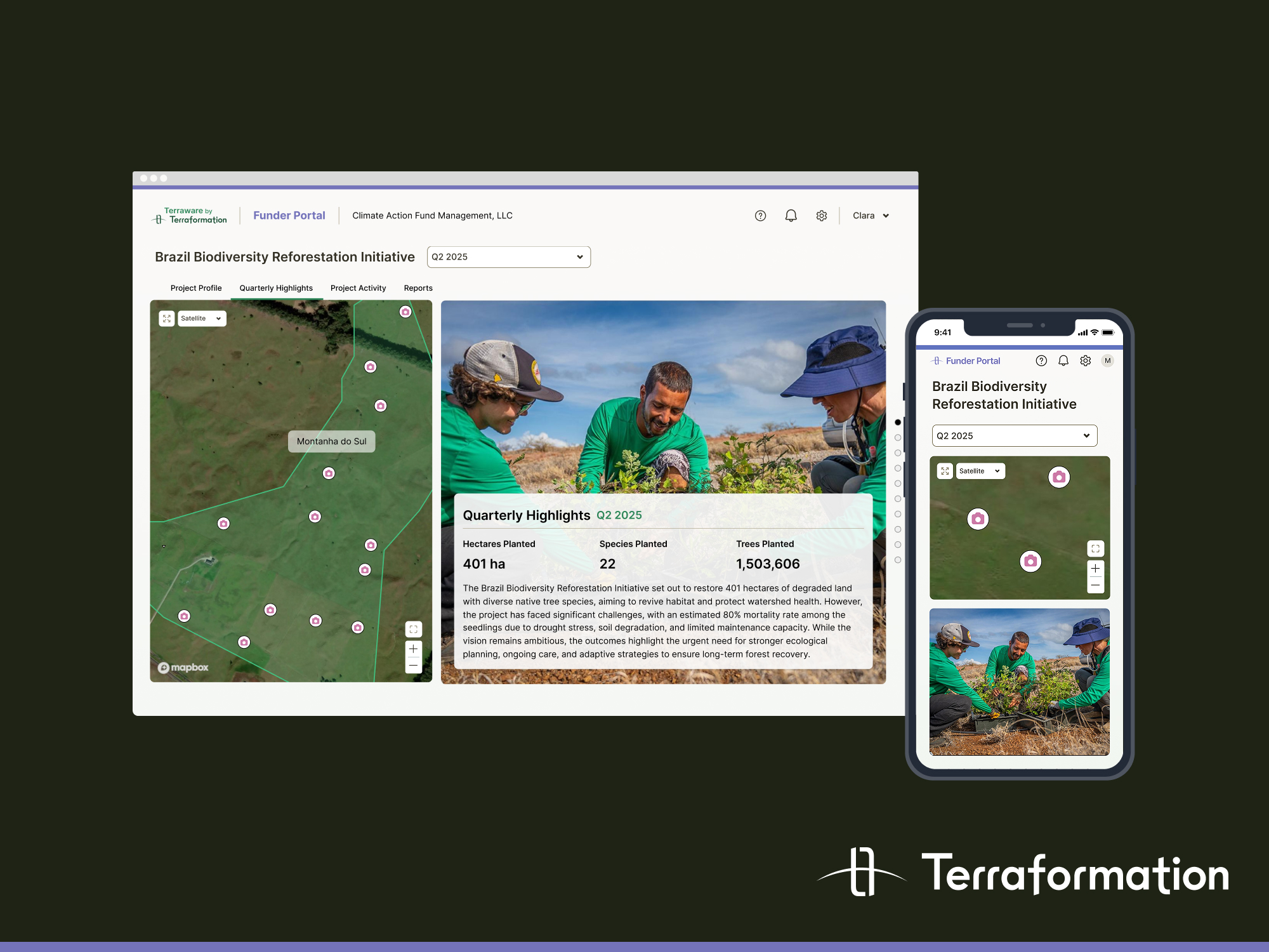 Terraformation Activity Log interface showing planting tracking